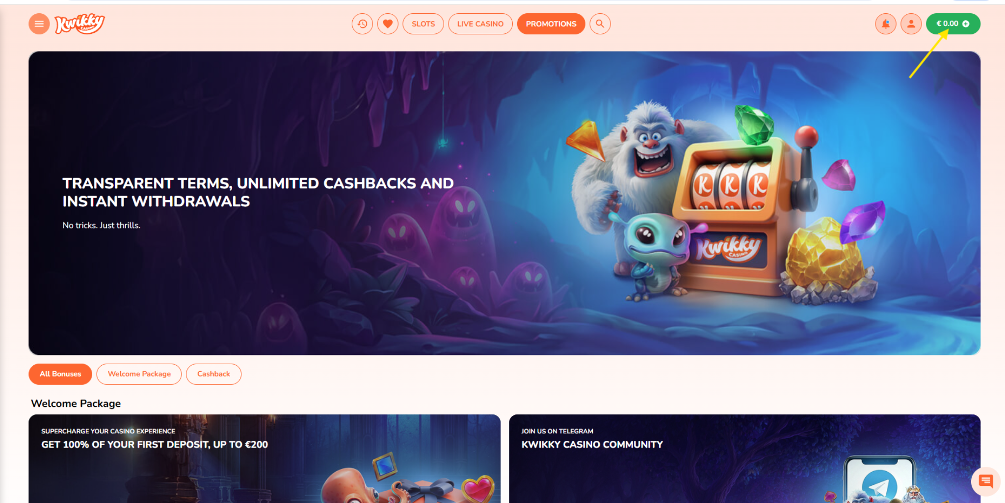 Kwikky Casino lobby showing the wallet balance button